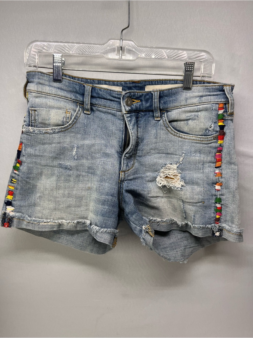 Pilcro Light Wash Denim Shorts with Multicolor Side Embroidery